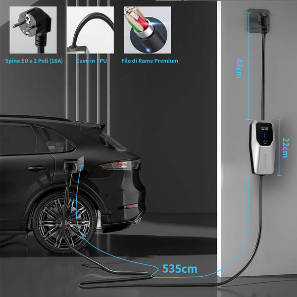WADA POWER  3,68kW Caricatore Portatile EV Tipo 2 con Cavo 6M e Spina Schuko